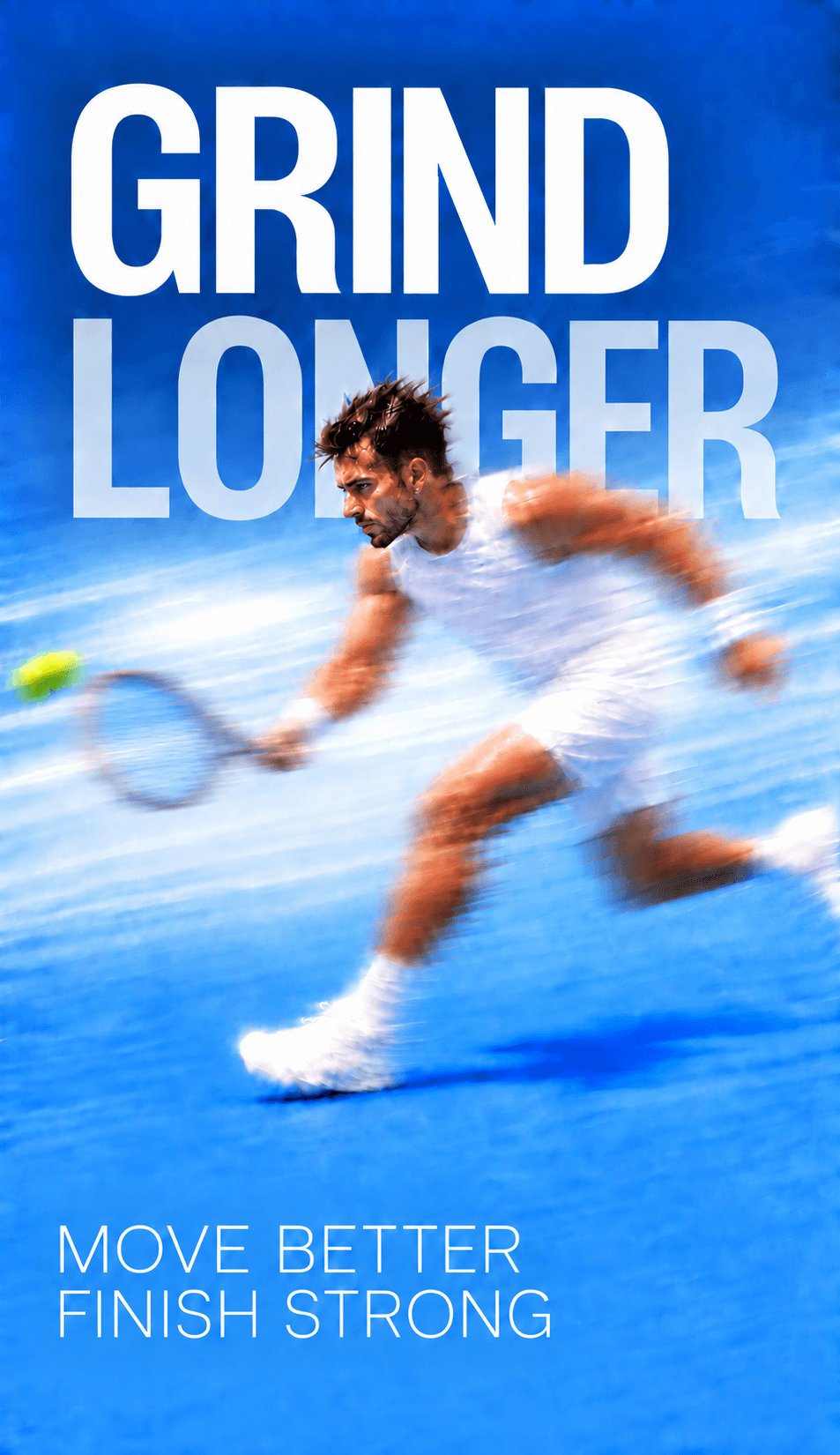 Male tennis player lunging toward the ball on a blue court